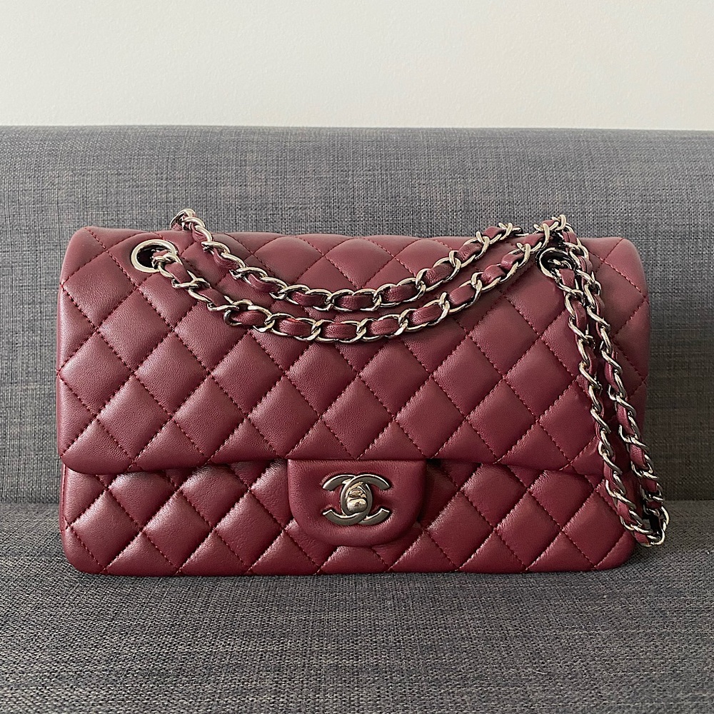 CHANEL Double Flap Lambskin Burgundy Handbag
